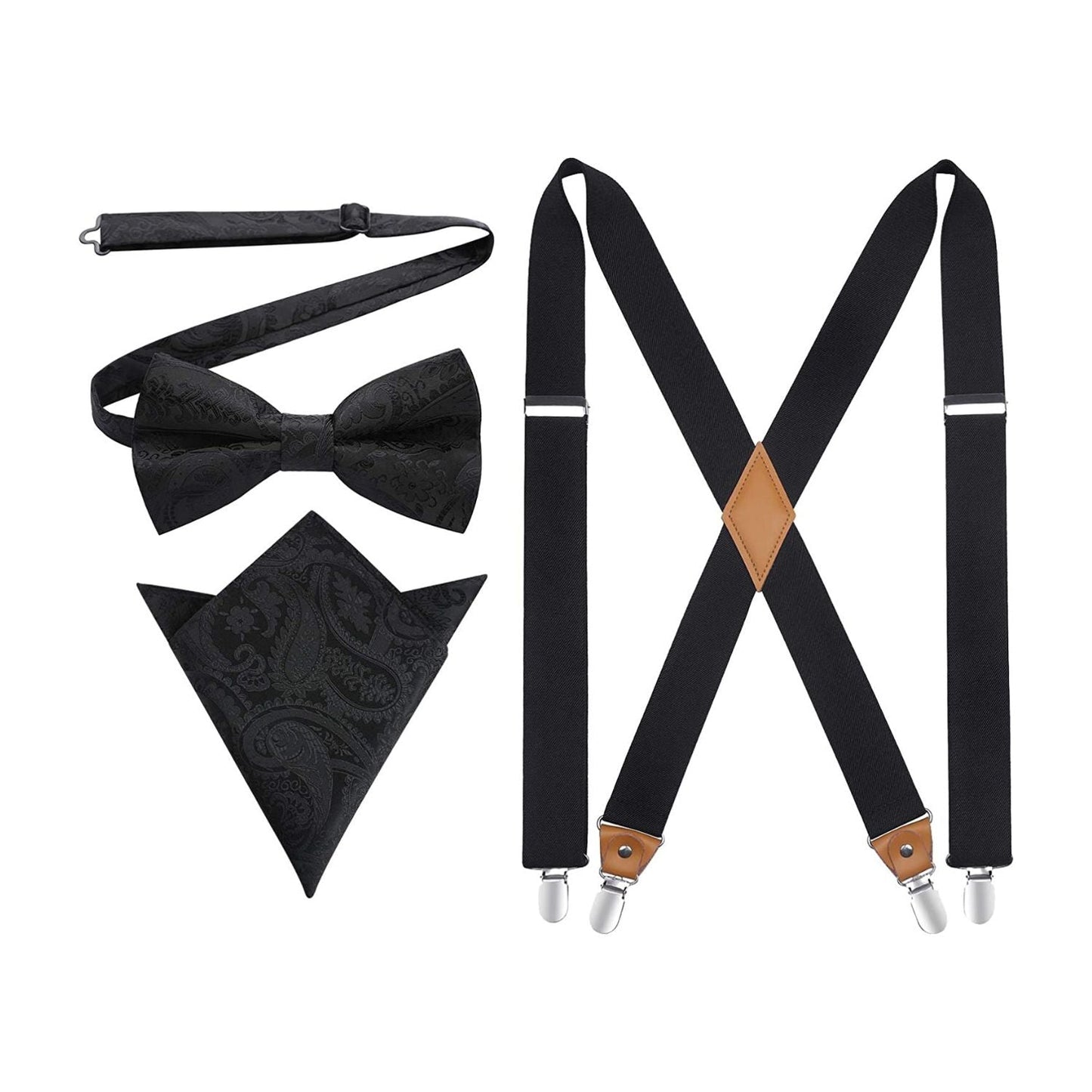 Hisdern Black Paisley Suspenders Pre-Tied Bow Tie Set Formal Wedding