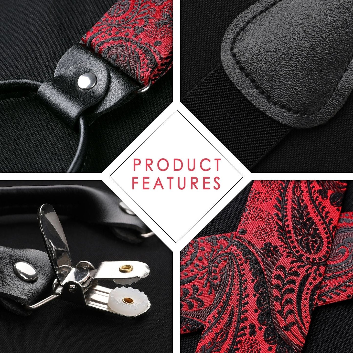 Hisdern Paisley Suspenders Bow Tie Set Red Black Formal Accessories