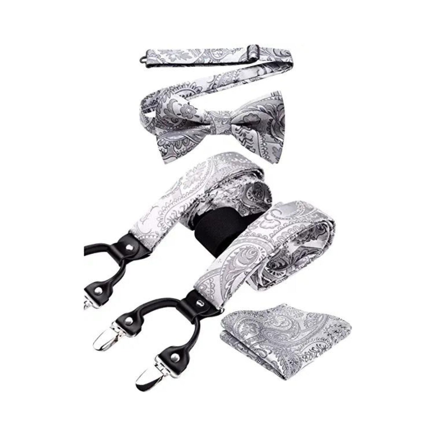 Hisdern Paisley Suspenders Pre-tied Bow Tie Set Silver Formal Accessories