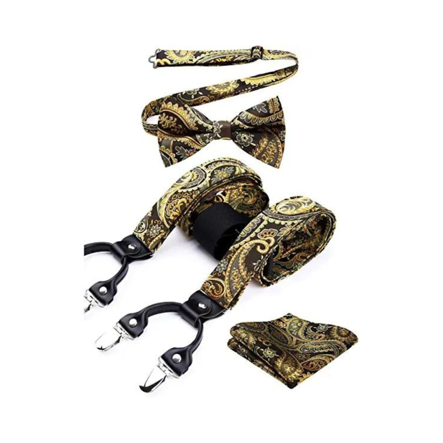 Hisdern Paisley Suspenders Pre-tied Bow Tie Set Gold Formal Accessories