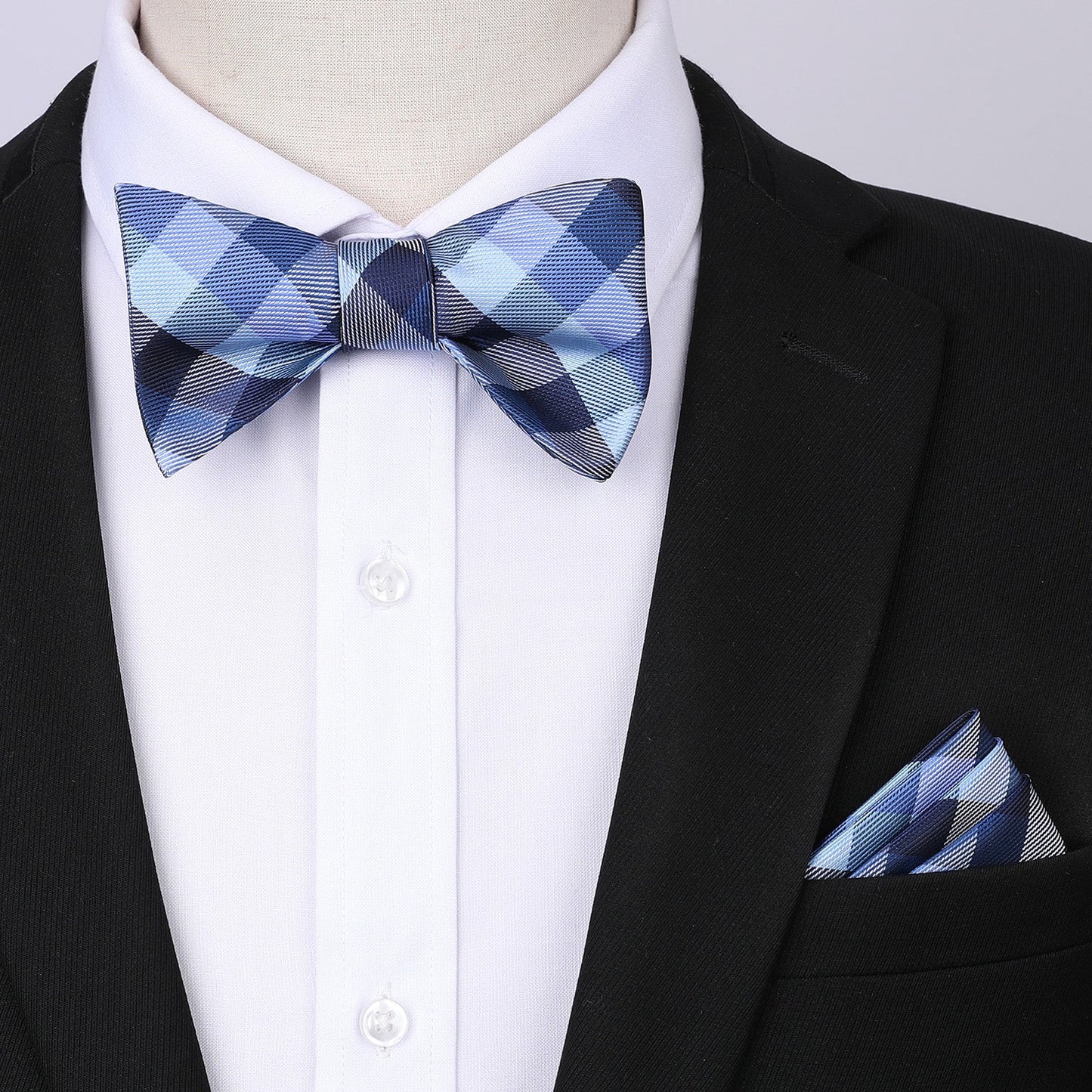 Hisdern Plaid Suspenders Pre-tied Bow Tie Set Blue Pattern Accessories