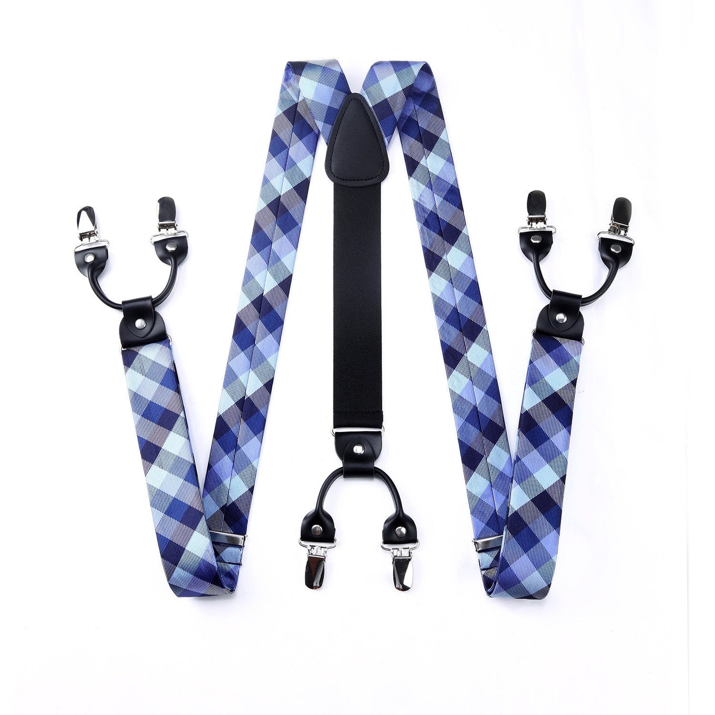 Hisdern Plaid Suspenders Pre-tied Bow Tie Set Blue Pattern Accessories