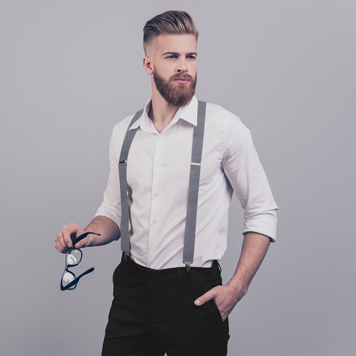 Hisdern Grey Solid Suspenders Pre-Tied Bow Tie Set Formal Wedding