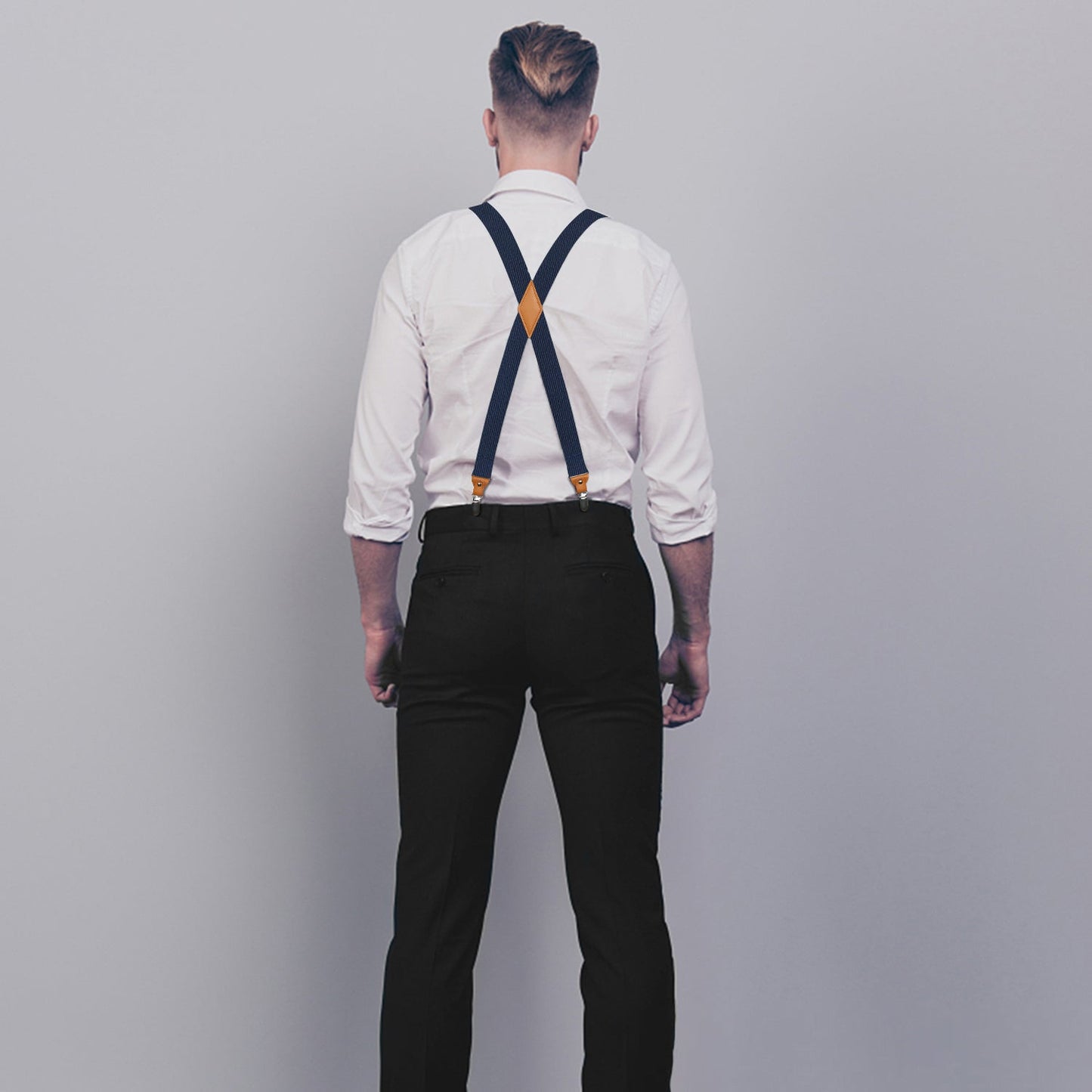 Hisdern 1.4 Inch Adjustable Suspender Navy Blue with 4-Clip for Formal Pants