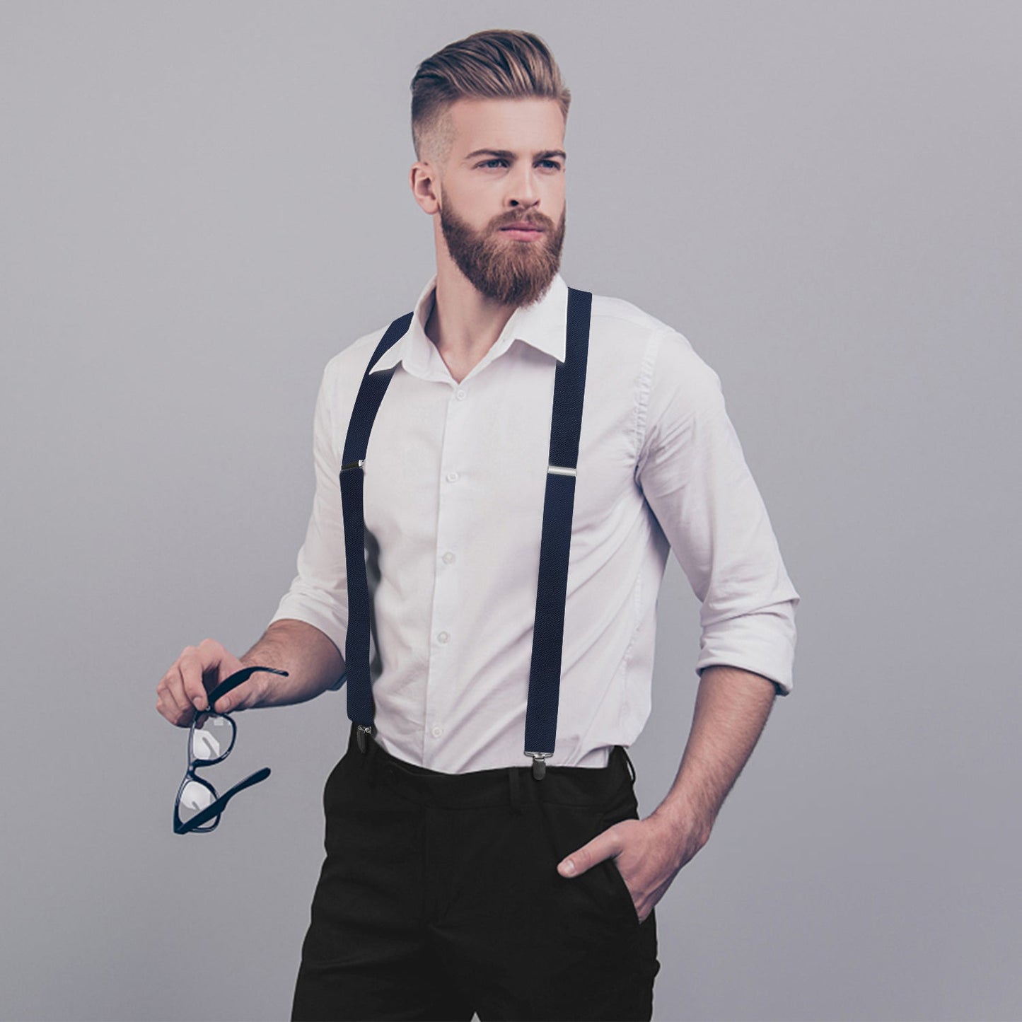 Hisdern 1.4 Inch Adjustable Suspender Navy Blue with 4-Clip for Formal Pants