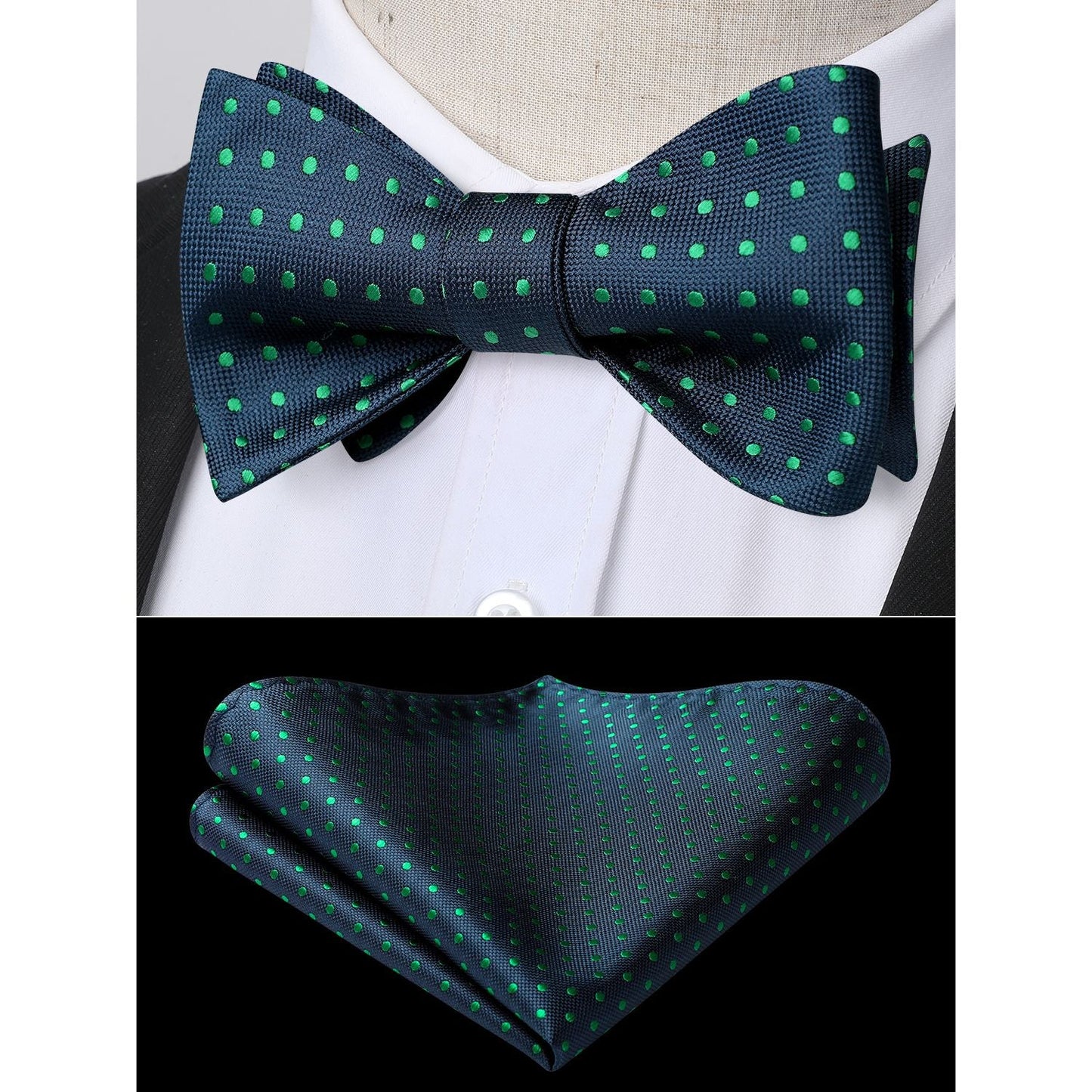 Hisdern Polka Dots Green Navy Blue Bow Tie Set for Party Wedding