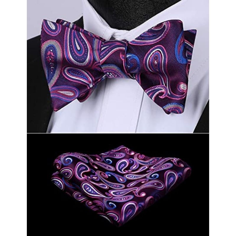 Hisdern Vintage Blue And Purple Paisley Bow Tie Set
