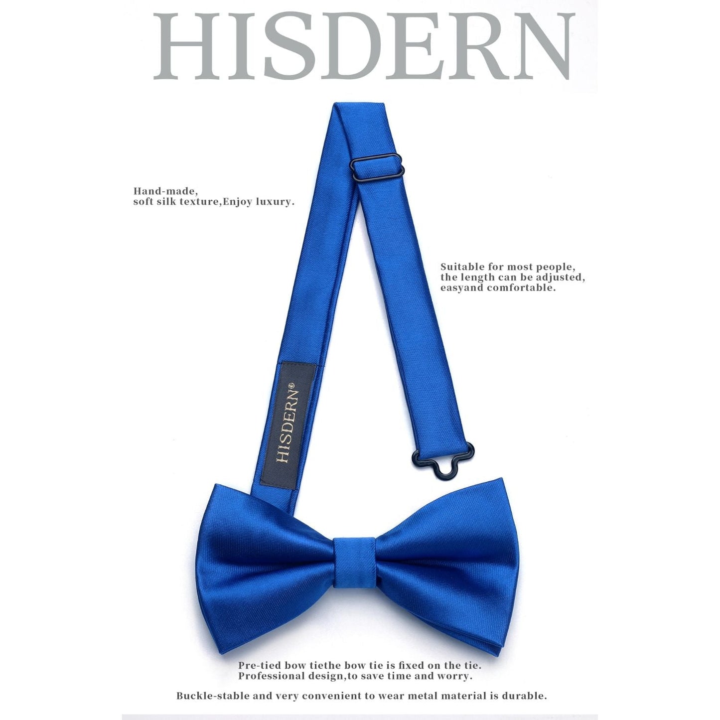 Hisdern Royal Blue Solid Pre-Tied Bow Tie Adjustable For Wedding Party