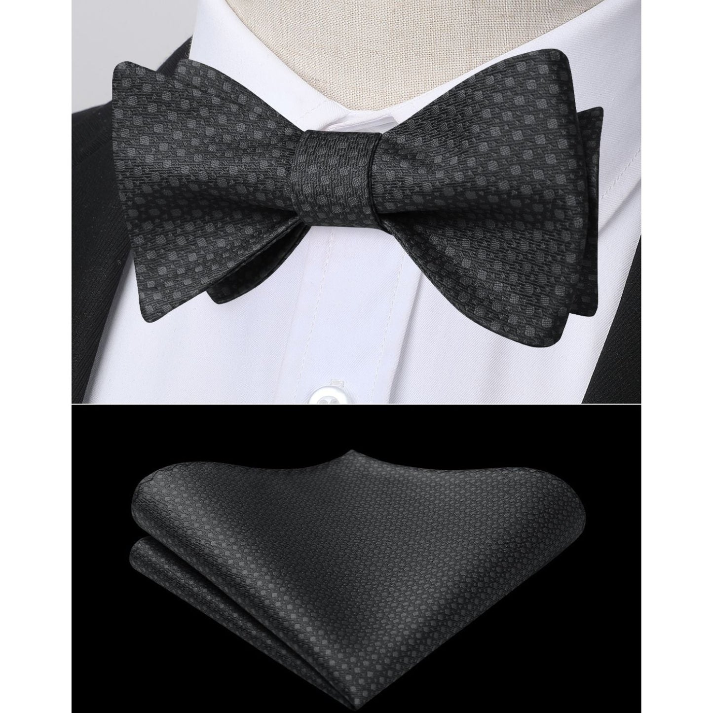 Hisdern Houndstooth Bow Tie Pocket Square Black Formal Attire