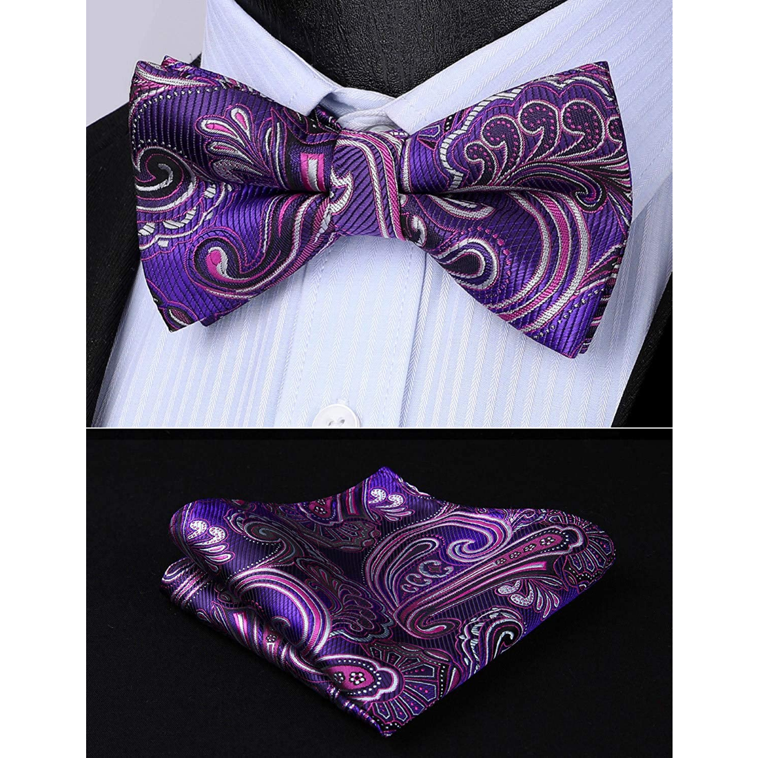 Hisdern Vintage Purple Paisley Pre-Tied Bow Tie Set for Wedding