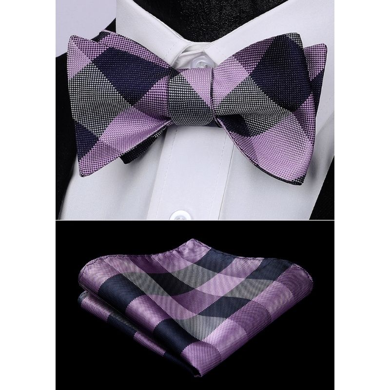 Hisdern Purple Navy Blue Plaid Bow Tie Set For Special Occasions