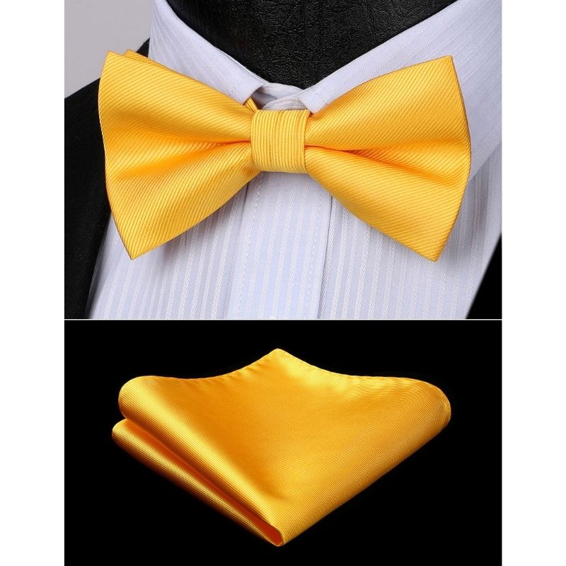 Hisdern Bright Yellow Solid Pre-Tied Bow Tie Accessories Set For Evening Wear