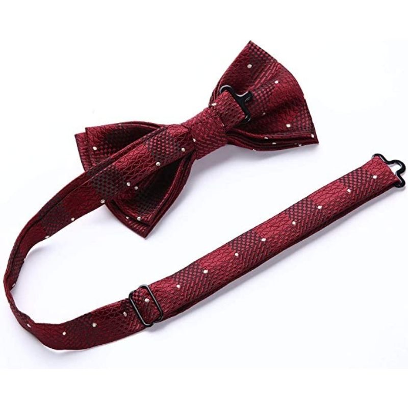 Hisdern Burgundy Plaid Pre-Tied Bow Tie Accessories Set For Evening Wear