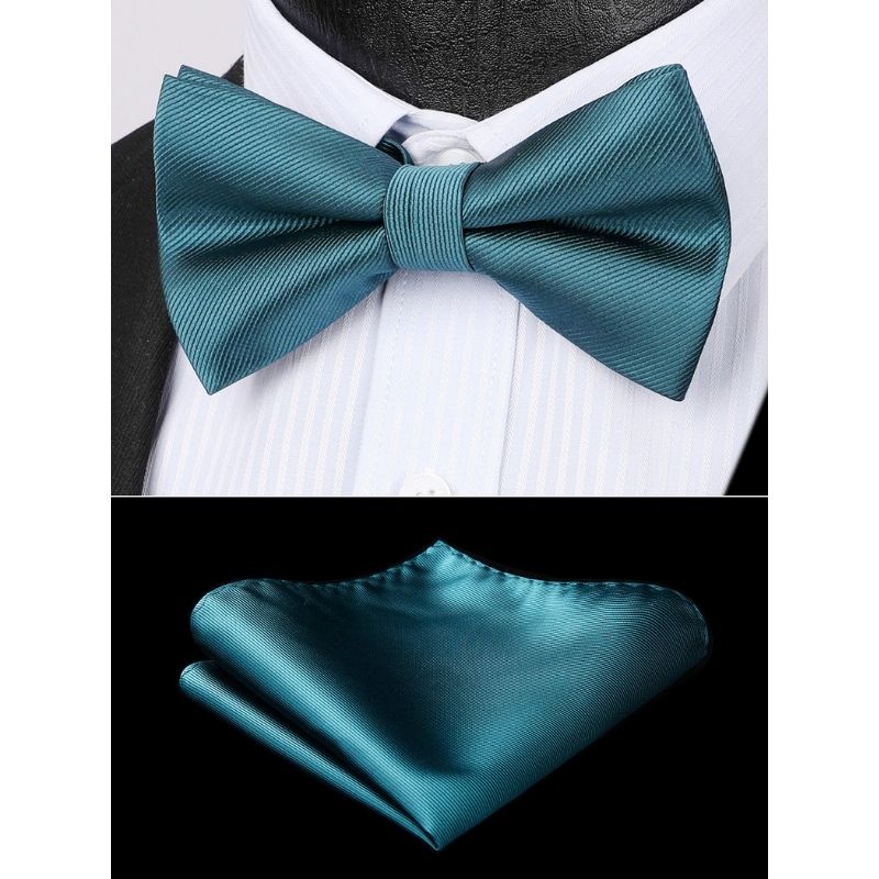 Hisdern Green Solid Pre-Tied Bow Tie Accessories Set For Evening Wear