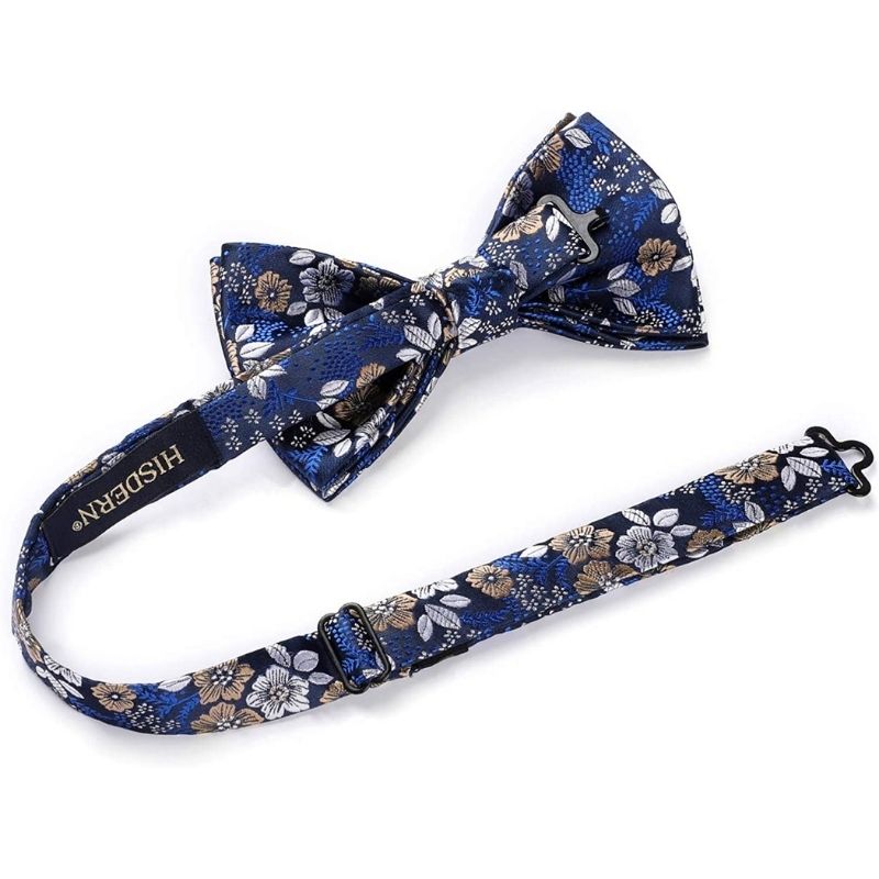 Hisdern Vintage Blue Floral Pre-Tied Bow Tie Set for Wedding