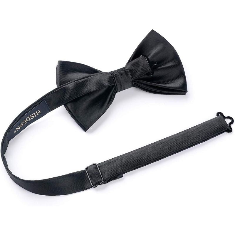 Hisdern Black Solid Pre-Tied Bow Tie Accessories Set For Evening Wear