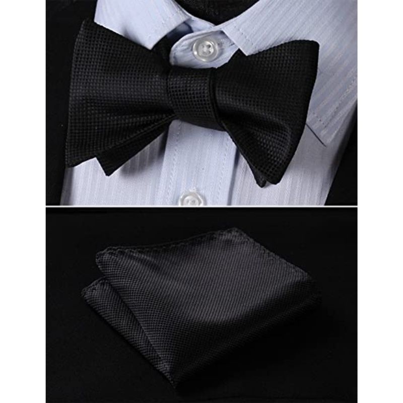 Hisdern Black Solid Bow Tie Accessories Set For Evening Wear
