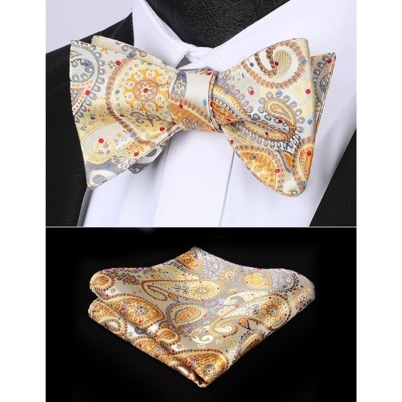Hisdern Yellow Grey Paisley Bow Tie Set For Evening Wear