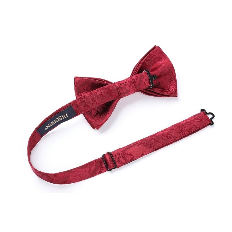 Hisdern Burgundy Paisley Pre-Tied Bow Tie Handkerchief For Evening Wear