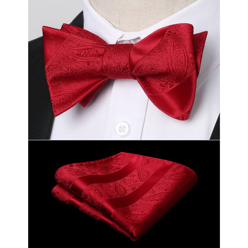 Hisdern Red Striped Bow Tie Accessories Set For Evening Wear