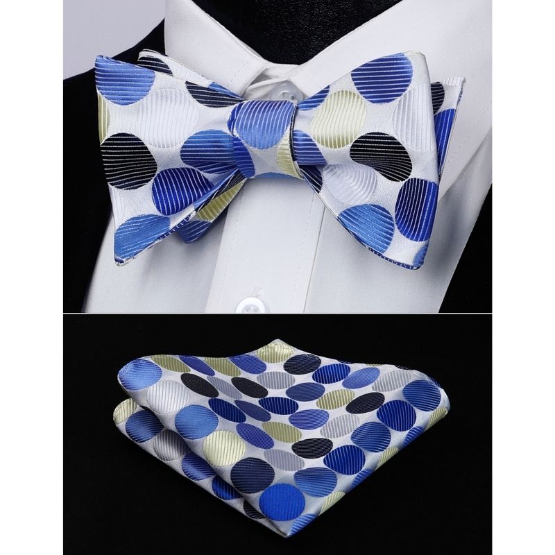 Hisdern Polka Dots Blue Beige Bow Tie Set for Party Wedding