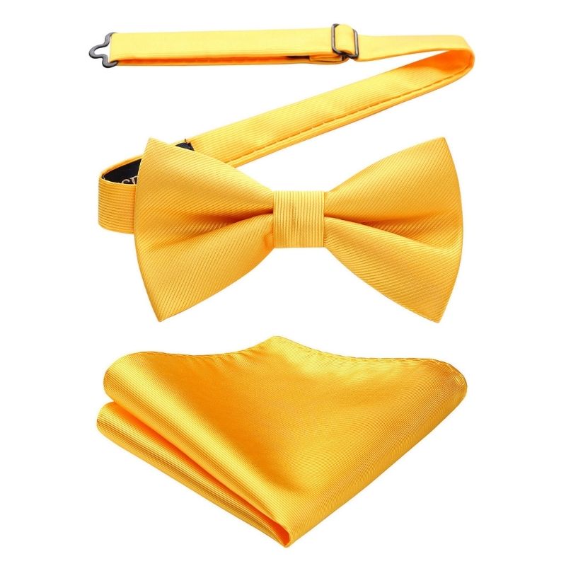 Hisdern Bright Yellow Solid Pre-Tied Bow Tie Accessories Set For Evening Wear