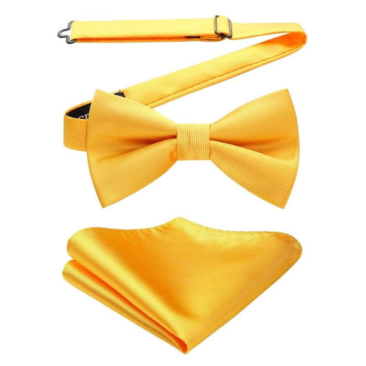 Hisdern Bright Yellow Solid Pre-Tied Bow Tie Accessories Set For Evening Wear