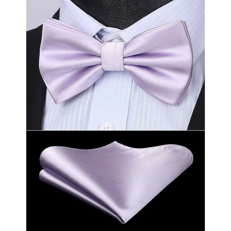 Hisdern Lavender Solid Pre-Tied Bow Tie Accessories Set For Evening Wear