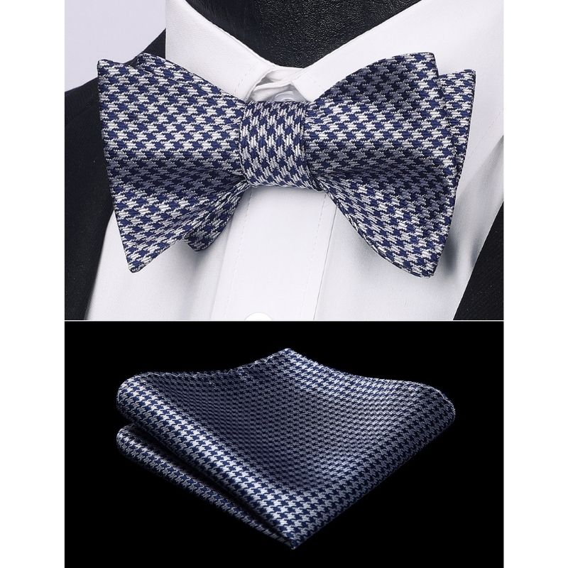 Hisdern Navy Blue Grey Plaid Bow Tie Set For Special Occasions