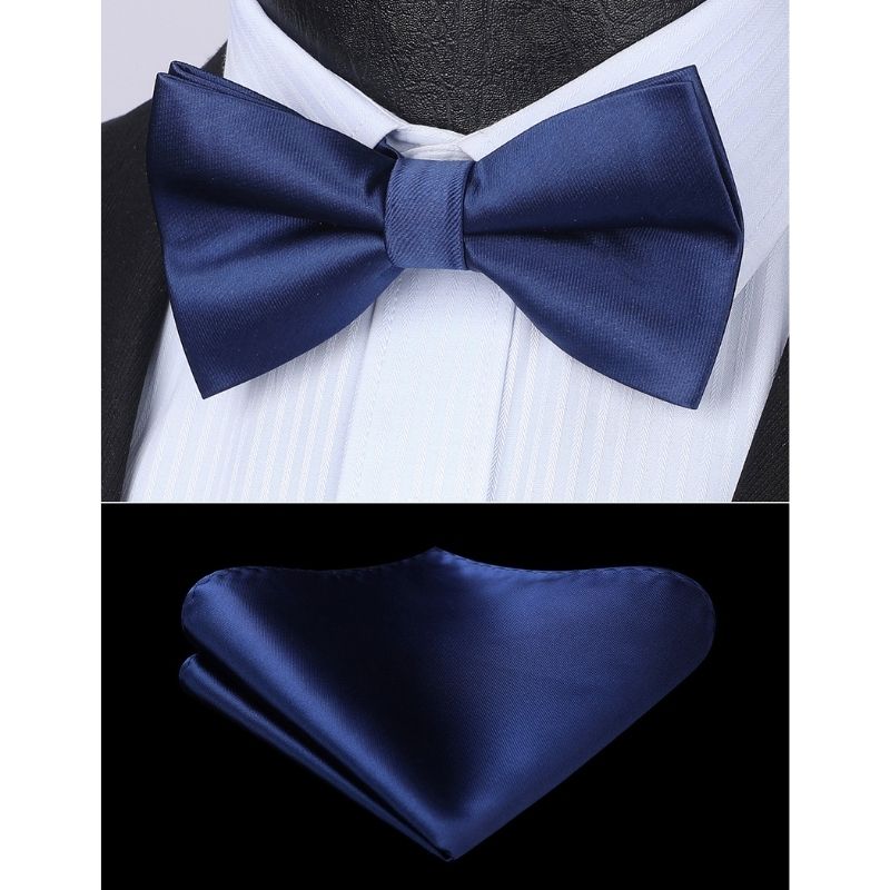 Hisdern Navy Blue Solid Pre-Tied Bow Tie Accessories Set For Evening Wear
