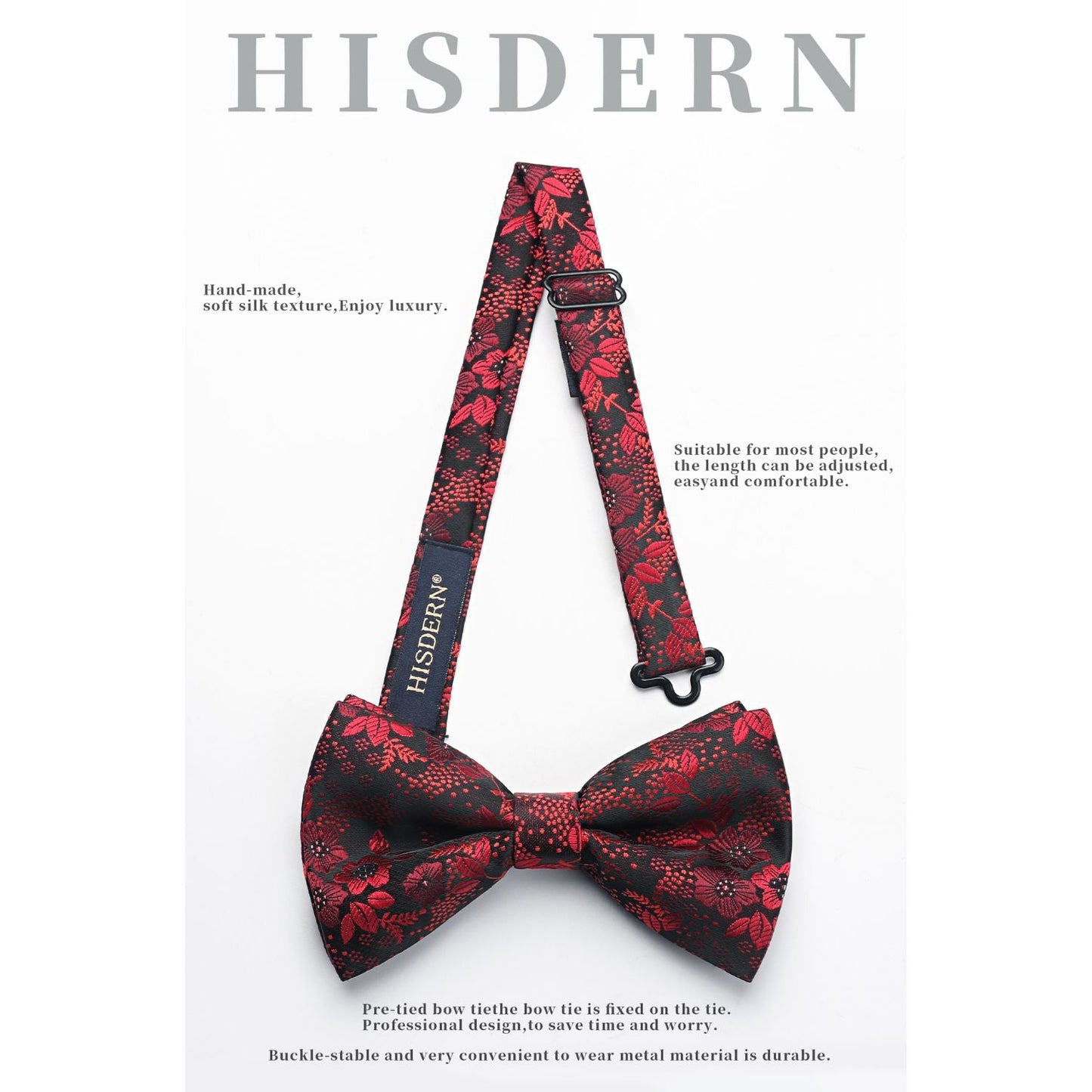 Hisdern Red Floral Pre-Tied Bow Tie Handkerchief with Cufflinks