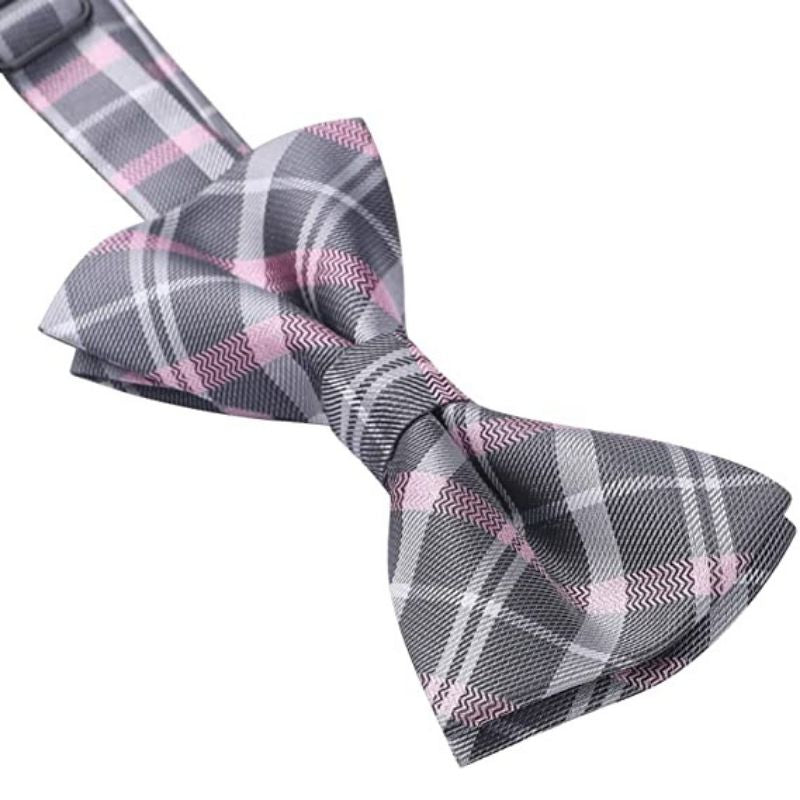 Hisdern Pink Grey Plaid Pre-Tied Bow Tie for Boys