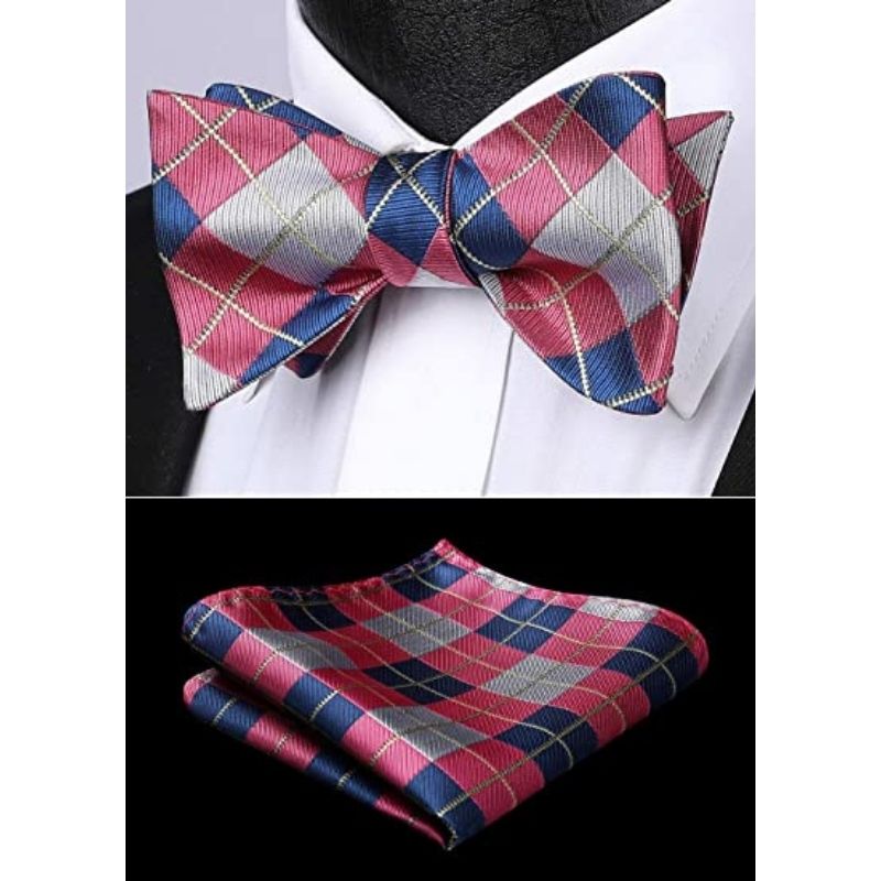 Hisdern Pink Grey Blue Plaid Bow Tie Set For Special Occasions