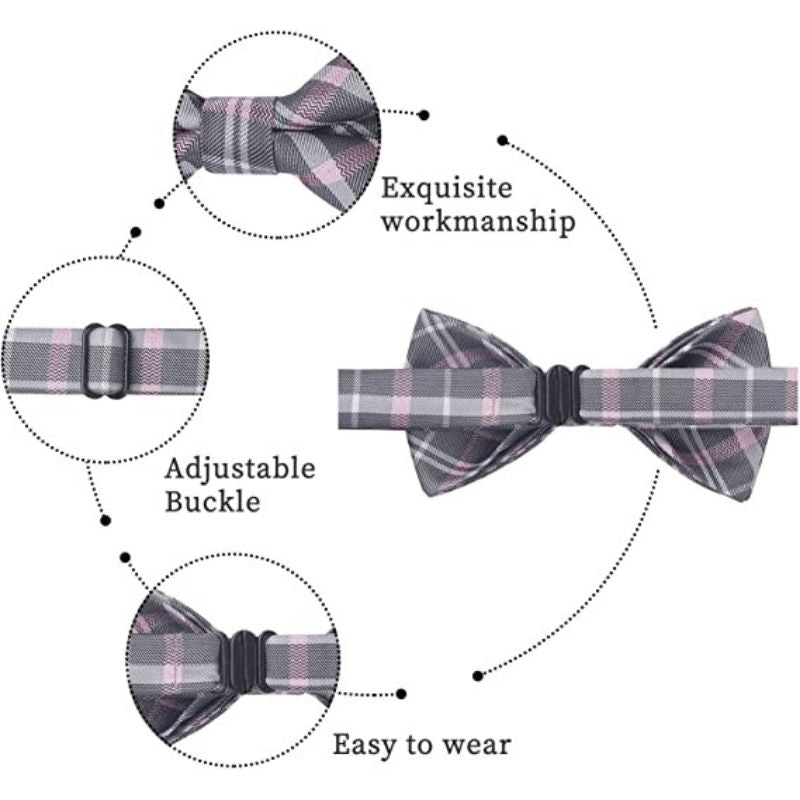 Hisdern Pink Grey Plaid Pre-Tied Bow Tie for Boys