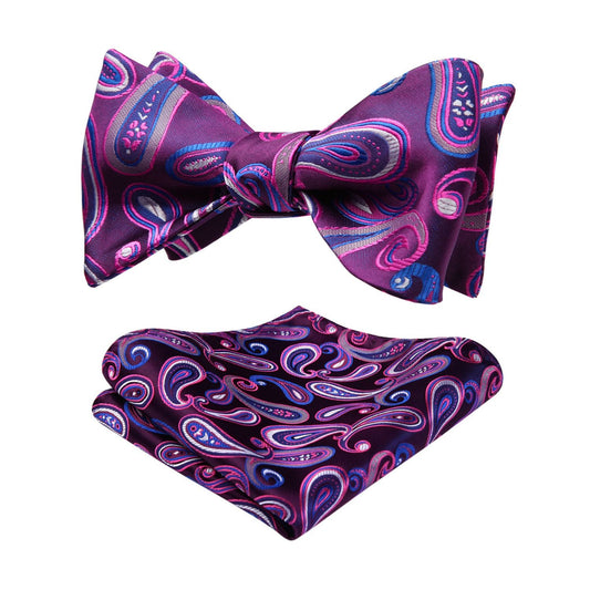 Hisdern Vintage Blue And Purple Paisley Bow Tie Set