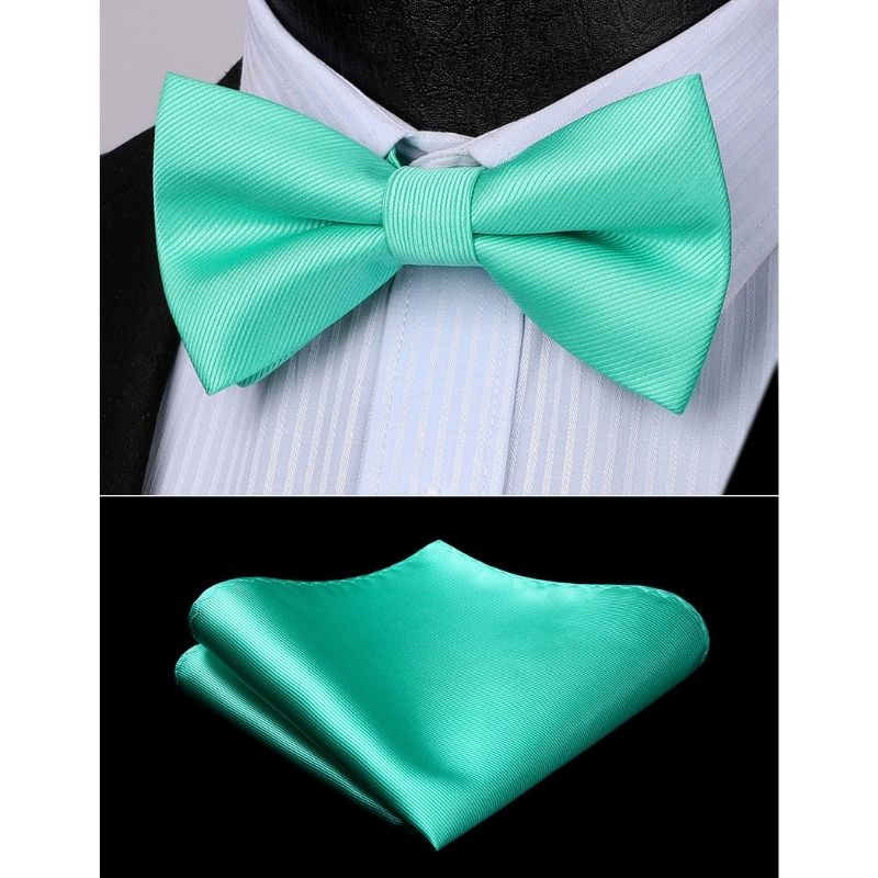 Hisdern Mint Green Solid Pre-Tied Bow Tie Accessories Set For Evening Wear