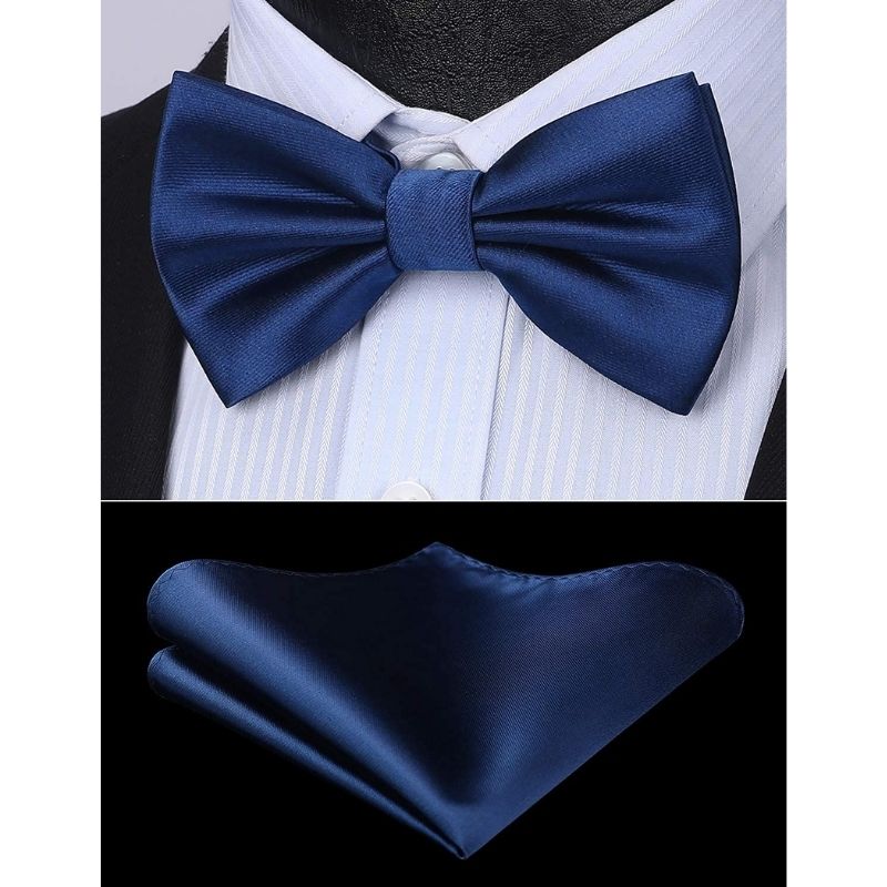 Hisdern Navy Blue Solid Pre-Tied Bow Tie Accessories Set For Evening Wear