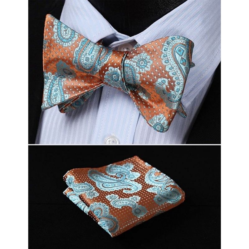 Hisdern Orange Blue Floral Bow Tie Set Groomsmen Wedding