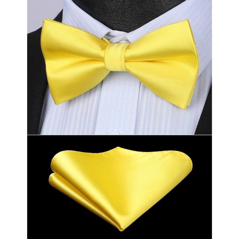 Hisdern Lemon Yellow Solid Pre-Tied Bow Tie Accessories Set For Evening Wear