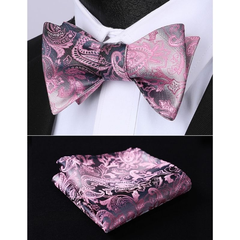 Hisdern Pink Black Paisley Bow Tie Set For Evening Wear