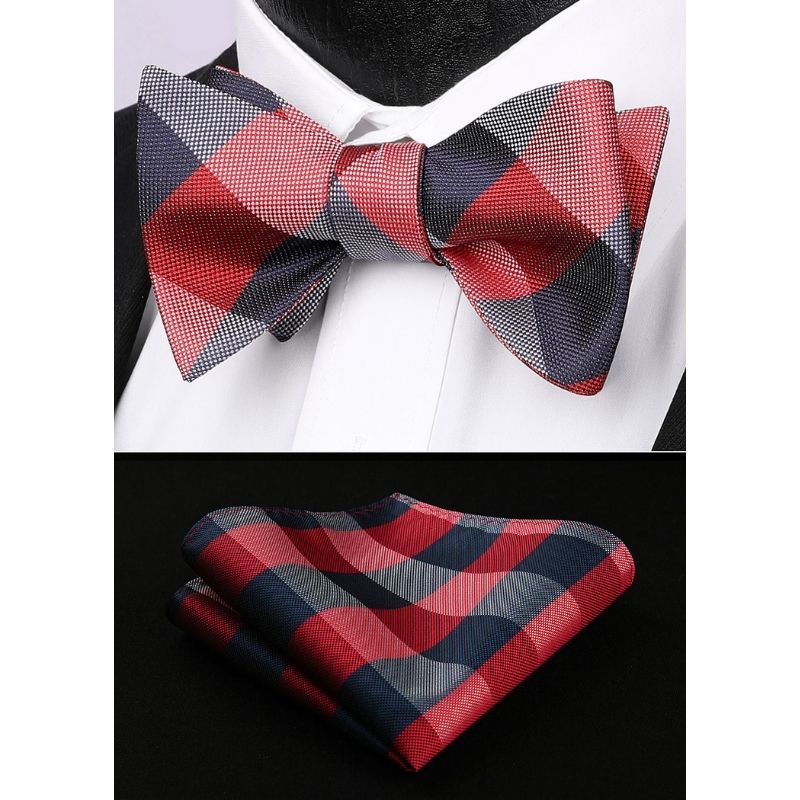 Hisdern Navy Blue Red Plaid Bow Tie Set For Special Occasions