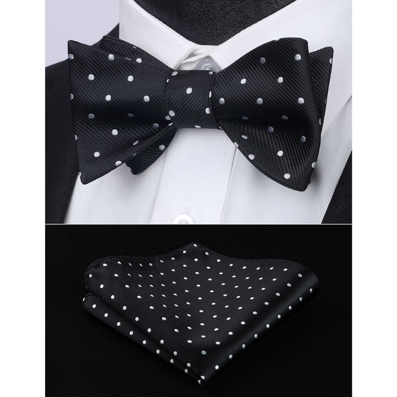 Hisdern Polka Dots Black Silver Bow Tie Set for Party Wedding