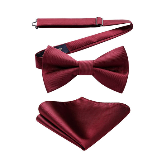 Hisdern Burgundy Solid Pre-Tied Bow Tie Accessories Set For Evening Wear