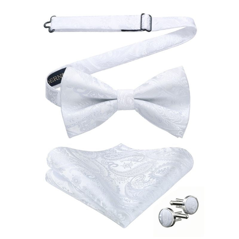 Hisdern White Paisley Pre-Tied Bow Tie Handkerchief with Cufflinks