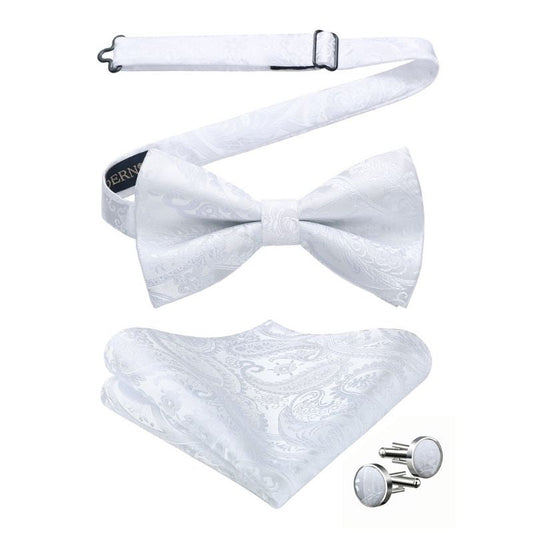 Hisdern White Paisley Pre-Tied Bow Tie Handkerchief with Cufflinks