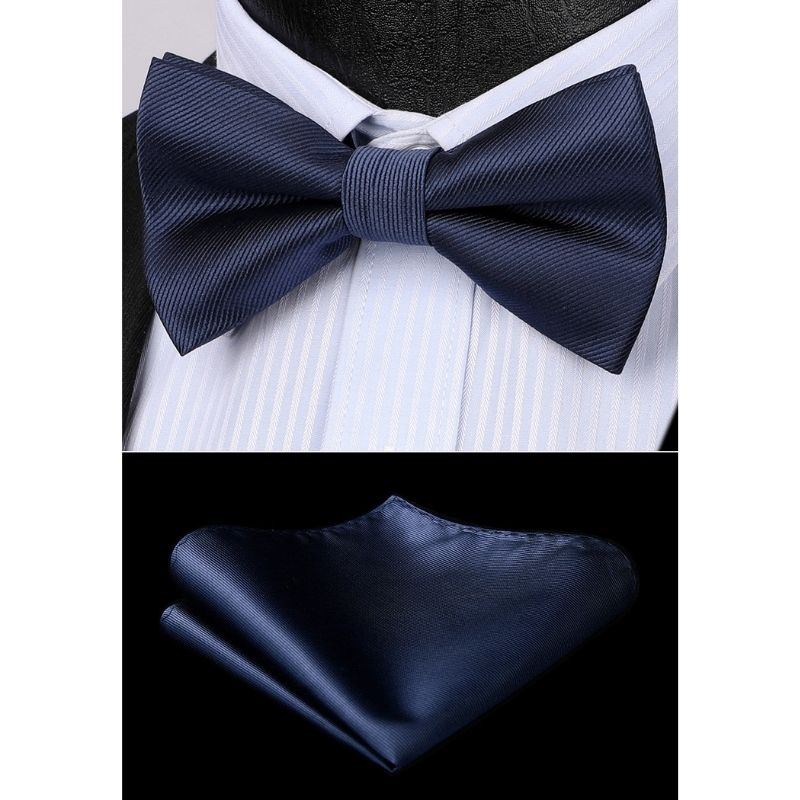 Hisdern Navy Blue Solid Pre-Tied Bow Tie Accessories Set For Evening Wear