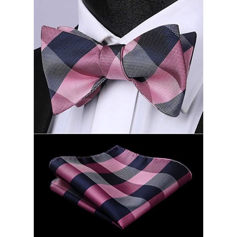 Hisdern Pink Navy Blue Plaid Bow Tie Set For Special Occasions