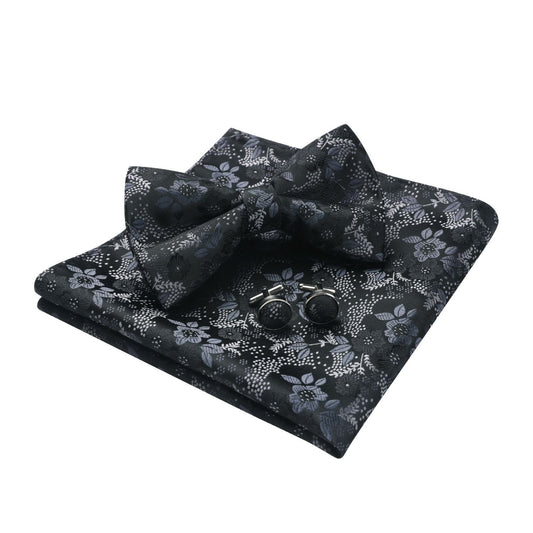 Hisdern Black Floral Pre-Tied Bow Tie Handkerchief with Cufflinks