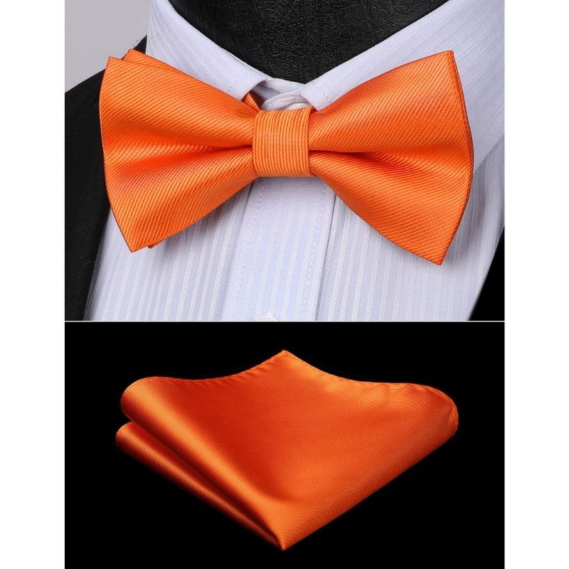 Hisdern Orange Solid Pre-Tied Bow Tie Accessories Set For Evening Wear