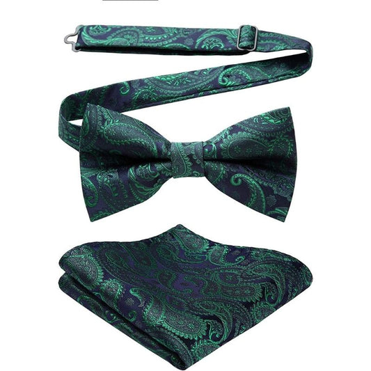 Hisdern Vintage Green Navy Paisley Pre-Tied Bow Tie Set for Wedding